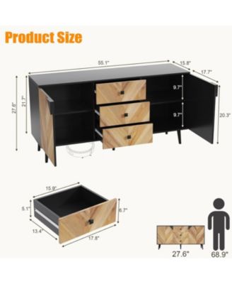 55 Point 1 Inch 3 Drawer Storage Cabinet with Adjustable Shelf and Doors Modern Sideboard Buffet Cabinet for Dining Room Walnut Grain