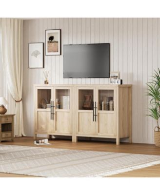 Sideboard Buffet Cabinet with Two Glass Doors Compact Modern Farmhouse Storage Natural
