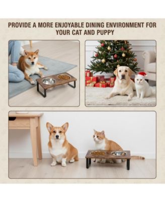 Elevated Dog Bowl Stand with 2 Stainless Steel Bowls Tilted Wood Metal Joint Strain Relief Non-slip