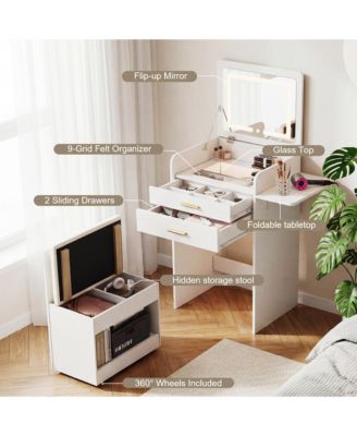 Modern Neutral Nightstand with Storage Space and LED Light Glass Top Jewelry Storage Bedside Table