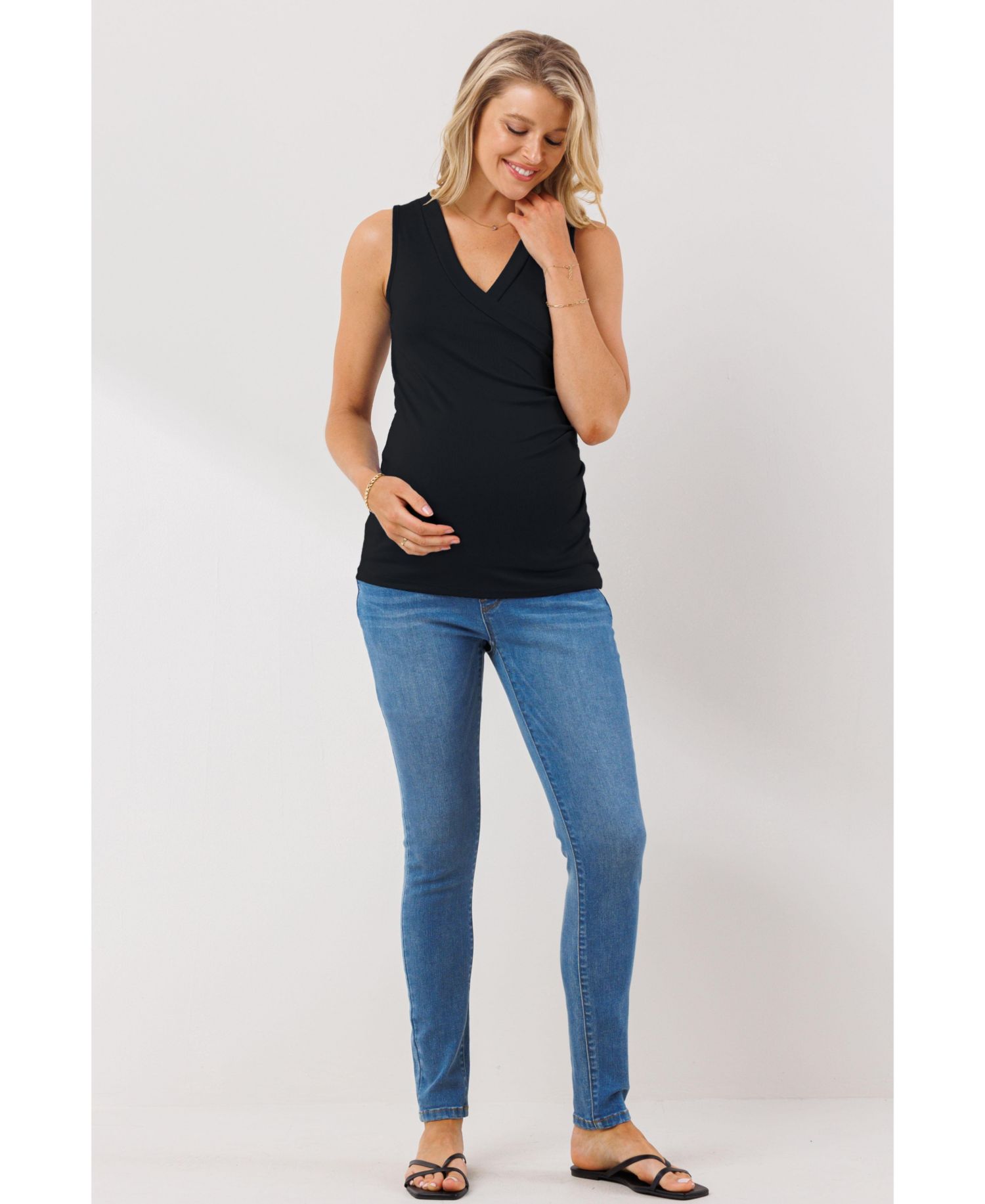 Maternity Sleeveless Ruched V-Neck Wrap Nursing Tank Top