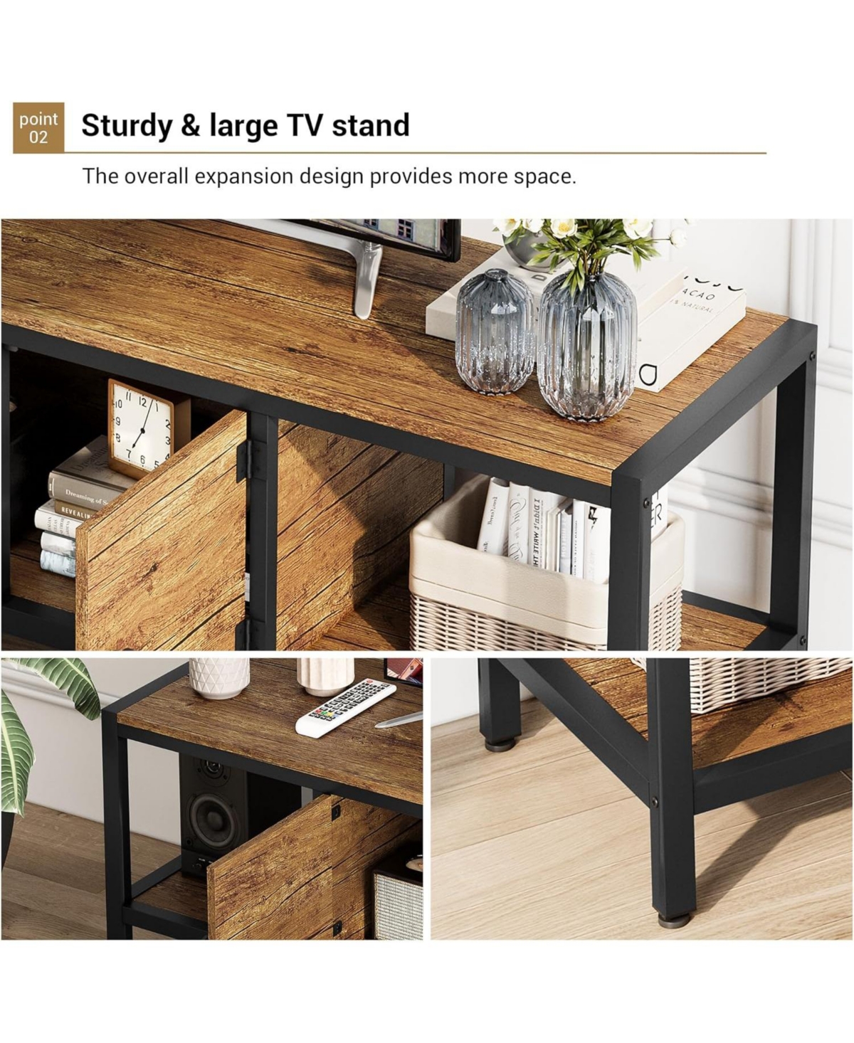 gaomon 58" Tv Stand for up to 65", Entertainment Table with Adjustable Legs, Open Shelves & Doors, Entryway