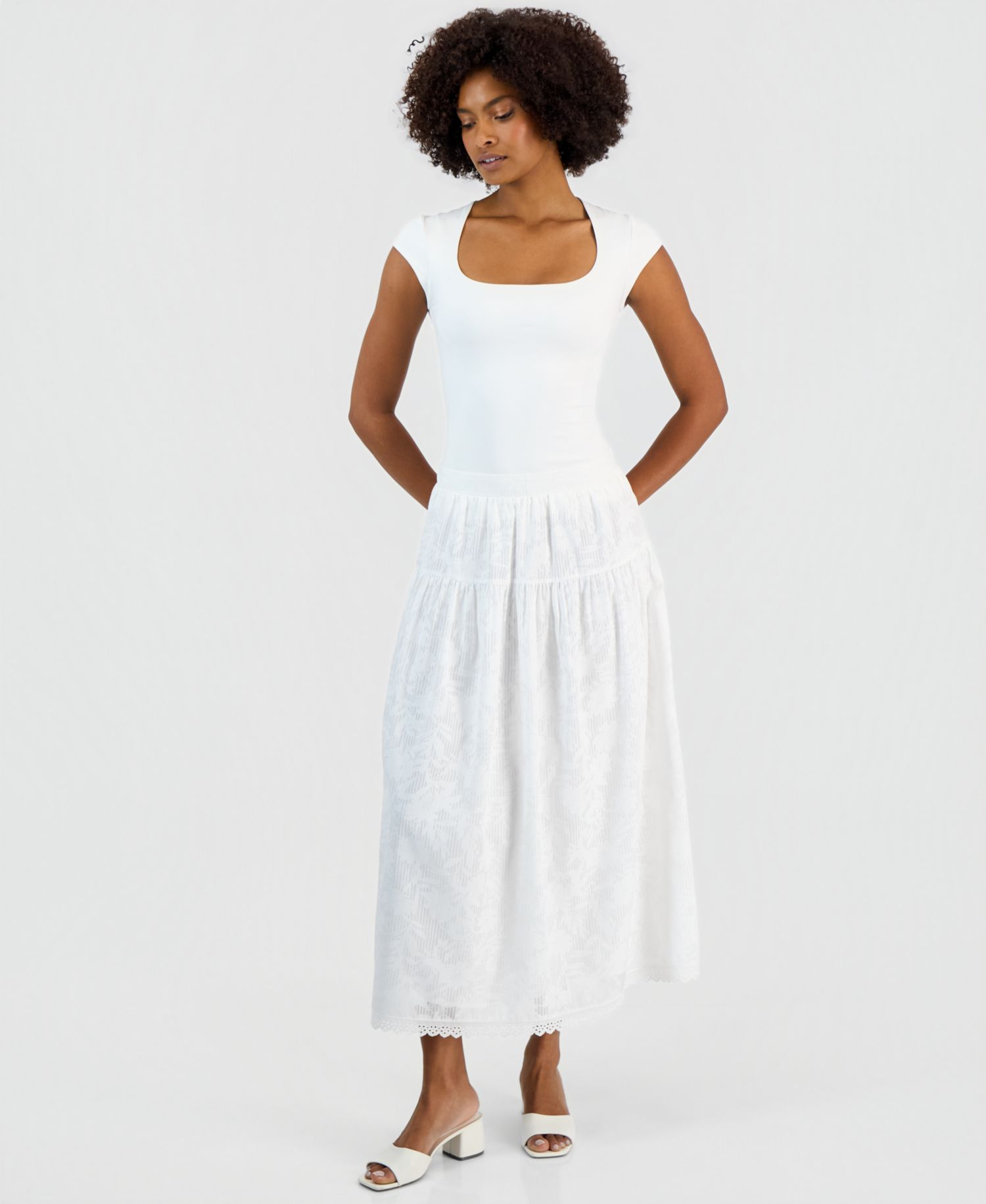 Women's Tonal-Print Tiered Lace-Trim Maxi Skirt