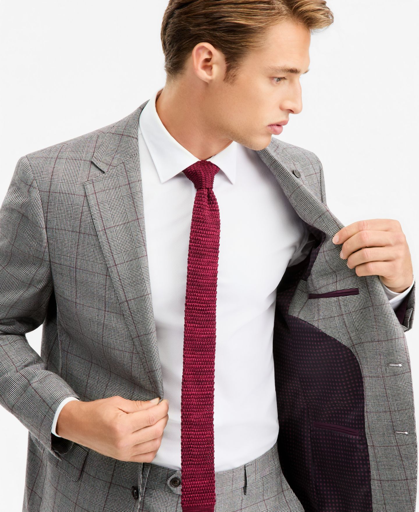 Мужская куртка Ted by Ted Baker Modern-Fit Gray & Wine Plaid Suit Separate, цвет: Серый — фото 4