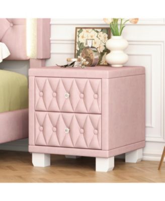 Elegant Velvet Nightstand with 2 Drawers Crystal Handle Button Tufted Bedroom Storage Table
