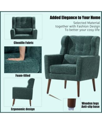Chenille Accent Chair, Modern Upholstered Armchair with Waist Pillow and Tapered Wooden Legs for Living Room, Small Space