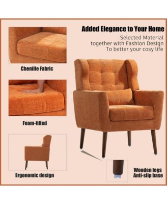 Chenille Accent Chair, Modern Upholstered Armchair with Waist Pillow and Tapered Wooden Legs for Living Room, Small Space