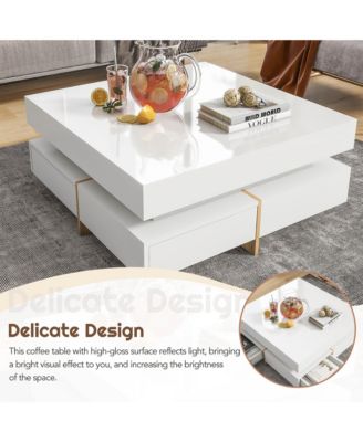 Modern High Gloss Coffee Table, Multi-Storage Square Center Table with 4 Drawers and Wood Grain Legs for Living Room