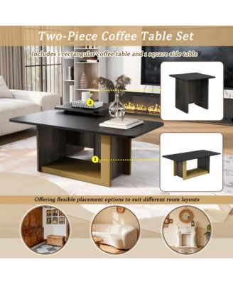 Nesting Coffee Tables Set of 2, Small Square Coffee End Table, Wood Look Center Table with Metal Frame for Living Room.