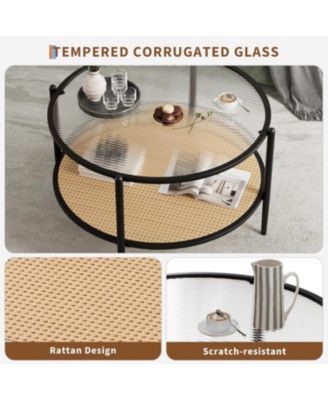 “30″ Rattan Coffee Table, 2 Tier Round End Table with Water Wave Glass & Storage – Modern”