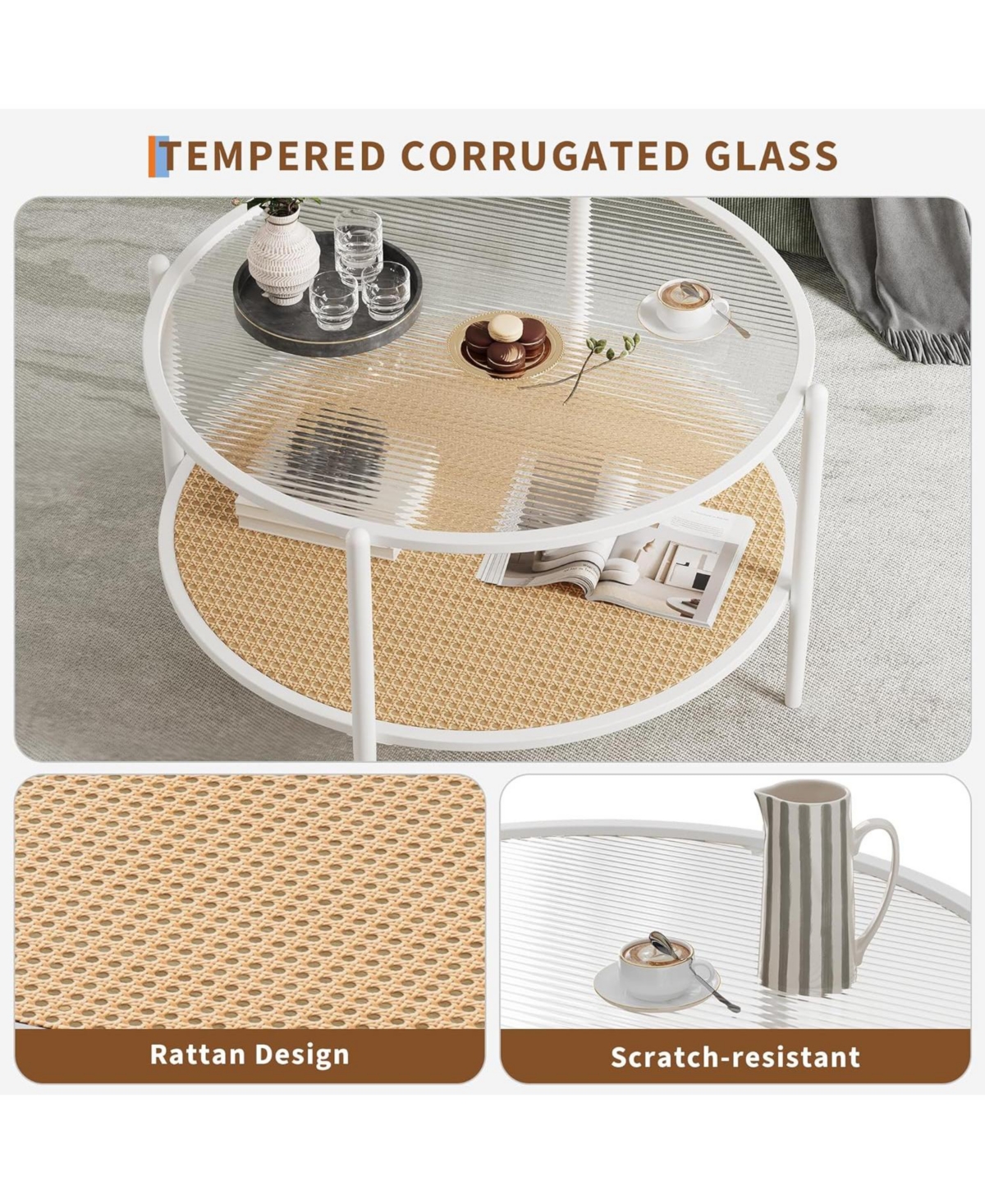 gaomon “30″ Rattan Coffee Table, 2 Tier Round End Table with Water Wave Glass & Storage – Modern”