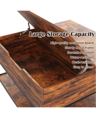 Flip-Top Coffee Table - Farmhouse Center Table with Hidden Compartment and Shelves for Living Room