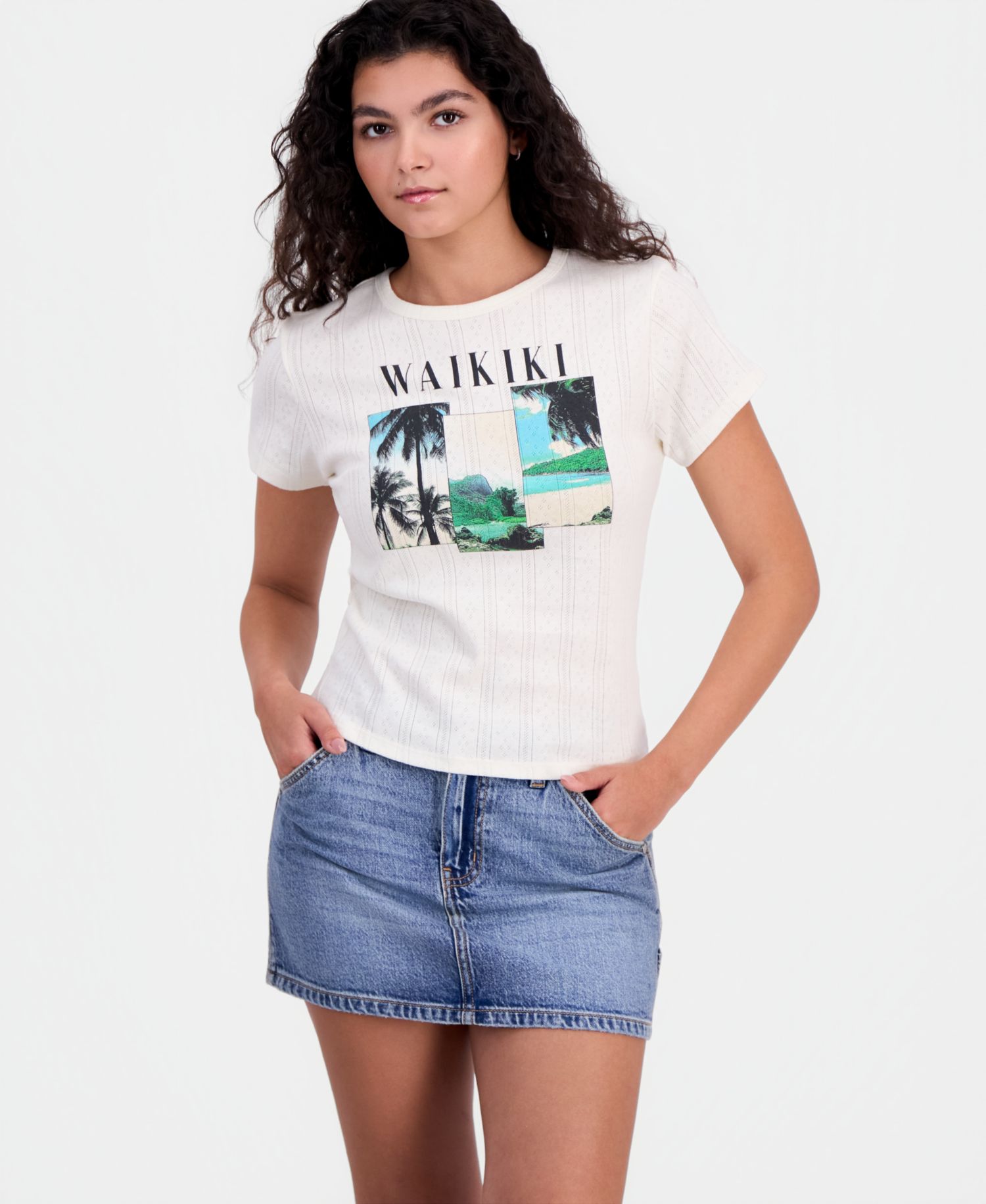 Juniors' Waikiki Graphic Pointelle Cotton Top