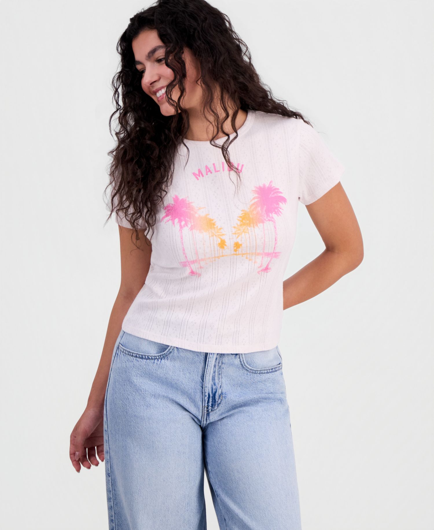 Juniors' Malibu Graphic Pointelle T-Shirt
