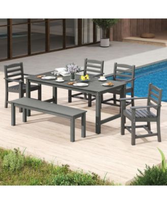 6 PCS Patio Dining Bench Set Outdoor HDPE Weather Resistant Table and Chairs Set