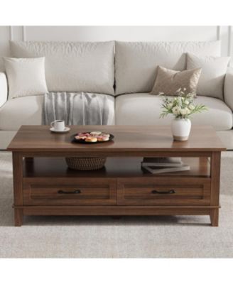Farmhouse Coffee Table with Drawers, Center Table Rustic Coffee Tables Living Room Table, with Open Shelf and 6 Support