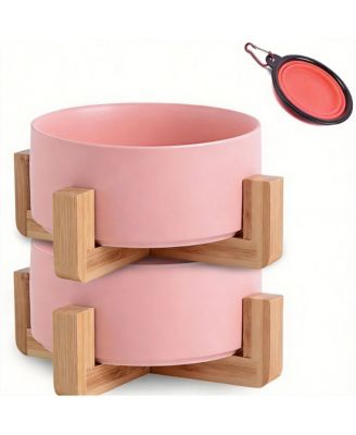 Ceramic Cat Dog Bowl Set With Stand Anti Slip 2 Bowls Dishwasher Microwave Safe Raised For Food Water