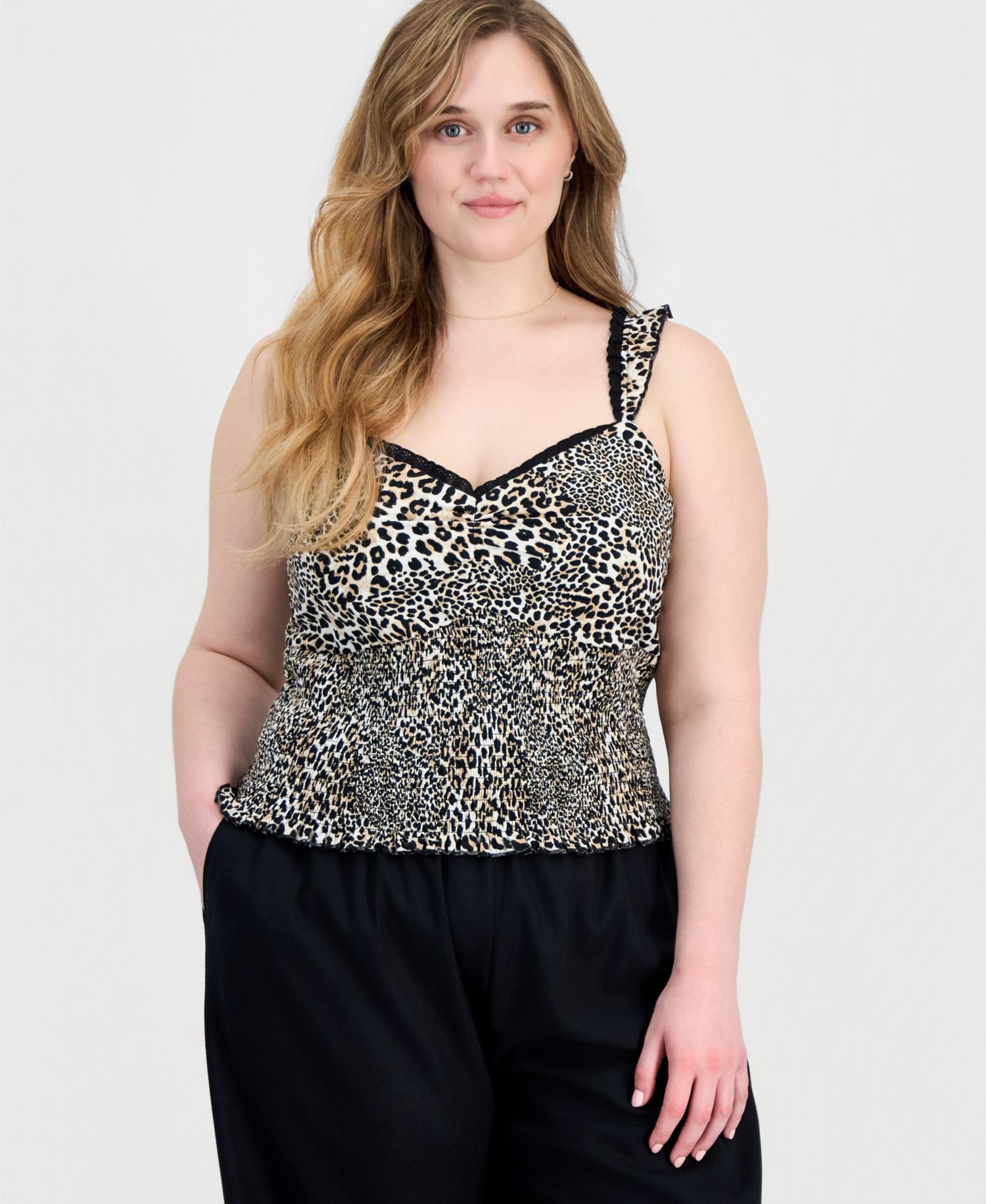 Trendy Plus Size Printed Smocked Sleeveless Top