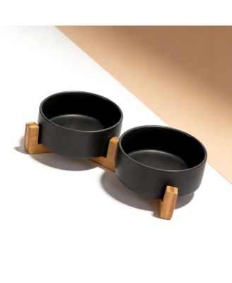Ceramic Dog Cat Bowl Set with Wooden Stand Modern Weighted Food Water