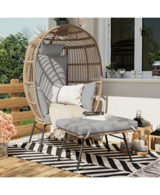 Oversized Wicker Egg Chair with Ottoman, Patio Lounge Egg Chair with Thick Cushion, Rattan Egg Basket with Steel Frame for Indoor/Outdoor