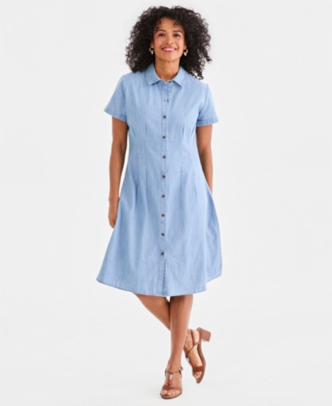 Женские платья Style & Co Women's Cotton Chambray Short-Sleeve Shirt-dress