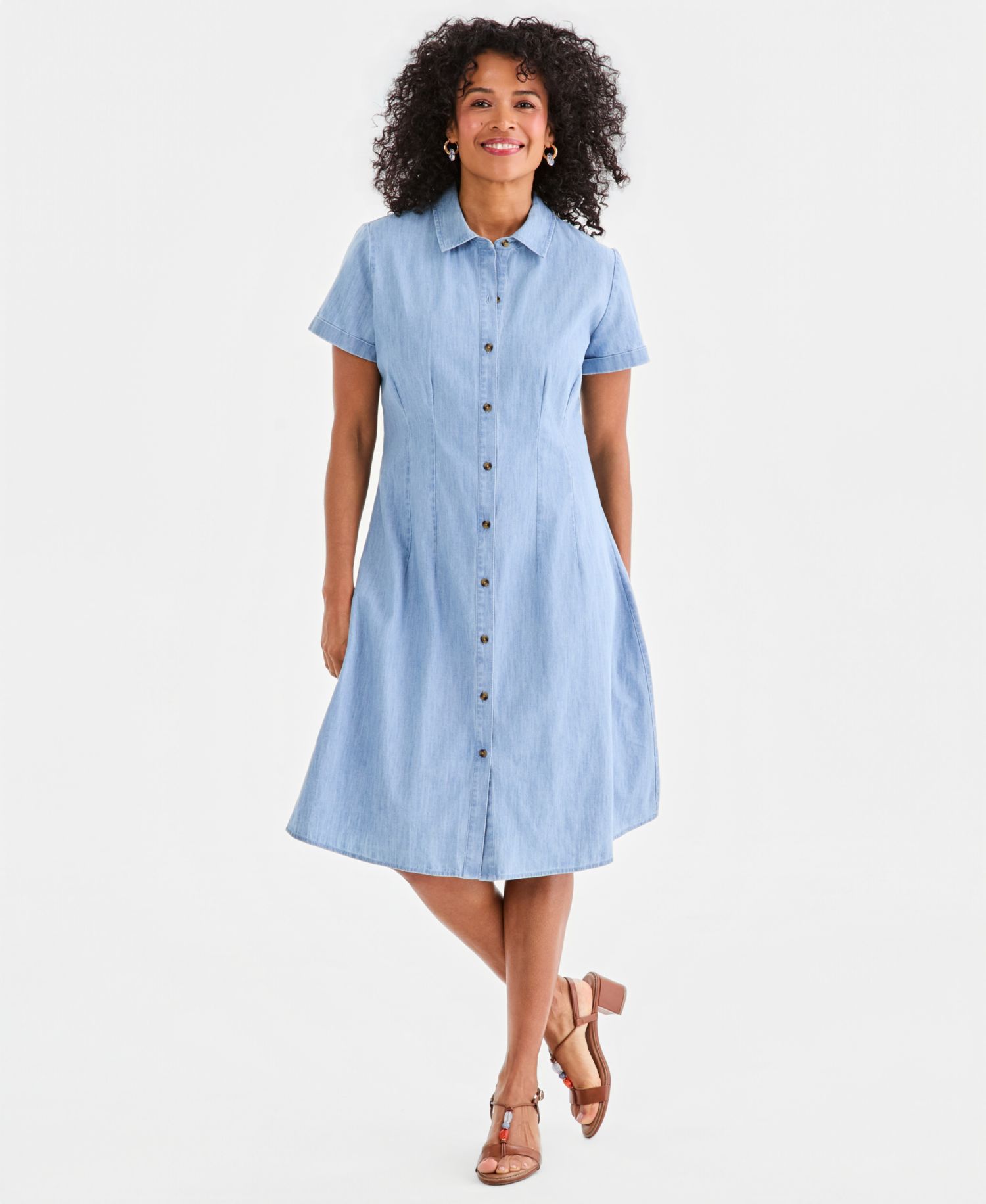 Women's Cotton Chambray Short-Sleeve Shirt-dress