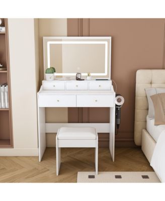Large Mirror Makeup Vanity Set with Power Outlet Hair Dryer Holder 5 Drawers 3 Lighting Modes Dressing Table for Bedroom