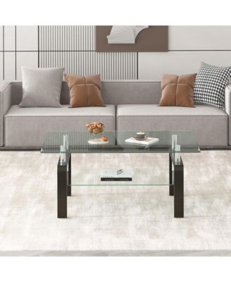 Rectangle 2-Tier Glass Coffee Table, Modern Small Center Table with Storage and Metal Legs for Living Room, Home Office