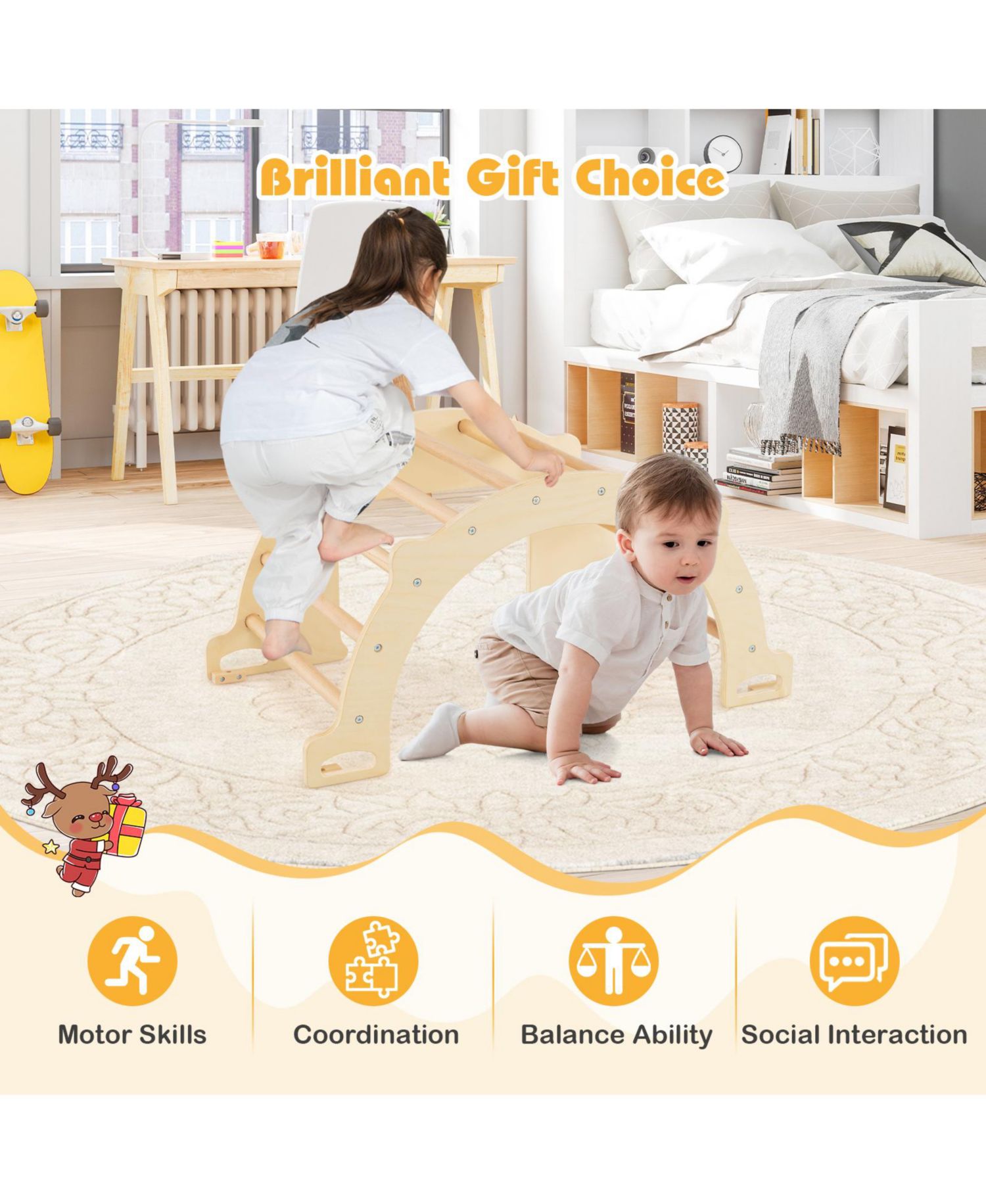 8-in-1 Kids Climbing Arch with Beech Wood Collapsible Storage Bin, 2-Piece Set