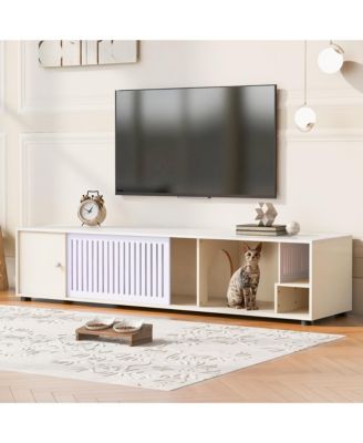 Modern Cream White TV Stand & Cat Litter Box Enclosure with Sliding Door