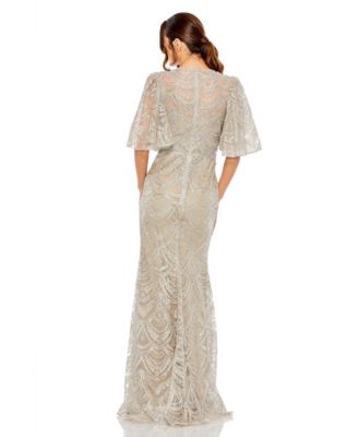 Women's Embellished Flutter Sleeve High Neck Gown