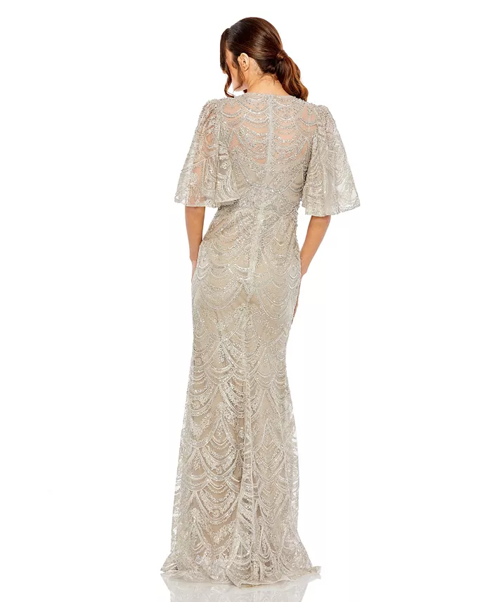 Women's Embellished Flutter Sleeve High Neck Gown - thumbnail 2