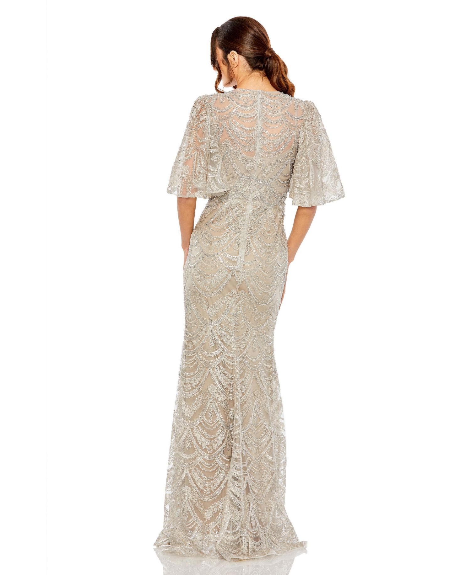 Women's Embellished Flutter Sleeve High Neck Gown