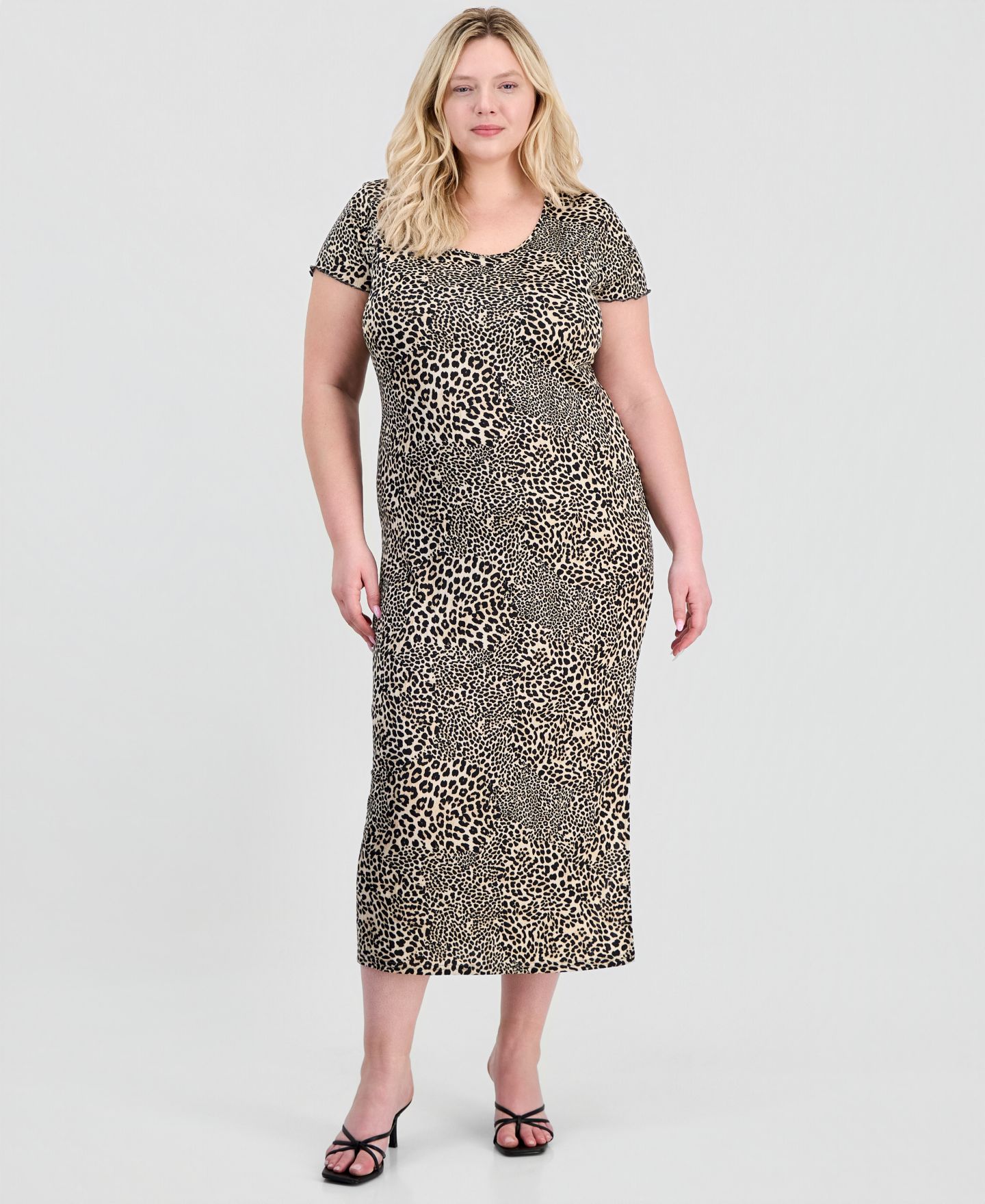 Женское платье FULL CIRCLE TRENDS Trendy Plus Size Printed Short-Sleeve Midi, цвет: Леопардовый — фото 1