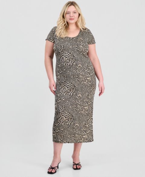Женское платье FULL CIRCLE TRENDS Trendy Plus Size Printed Short-Sleeve Midi, цвет: Леопардовый