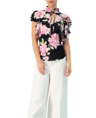 Women's Floral Print Blouse with Ruffle Sleeves