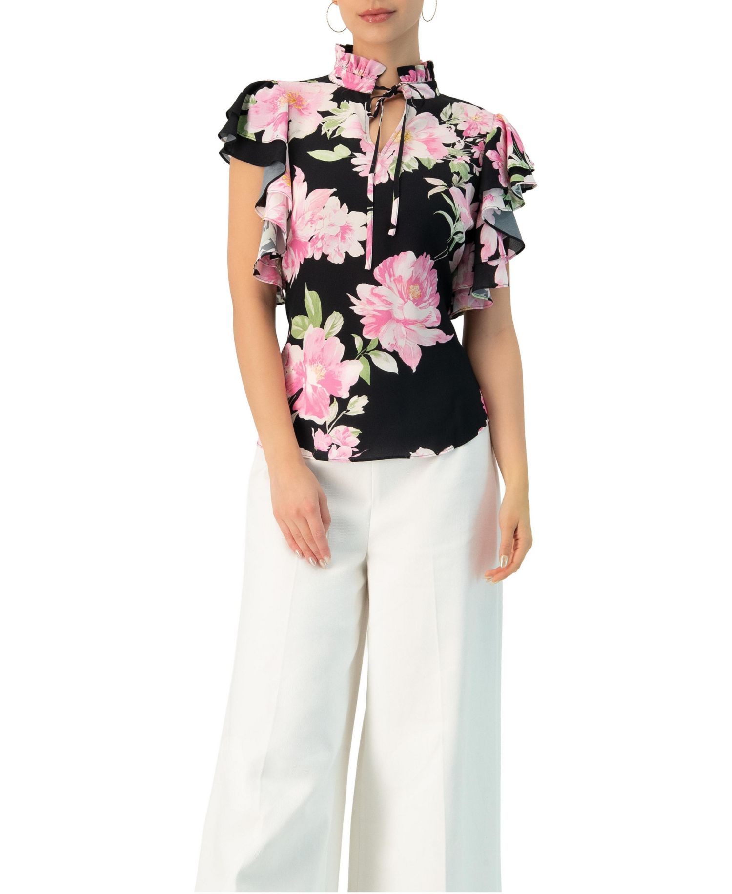 Women's Floral Print Blouse with Ruffle Sleeves