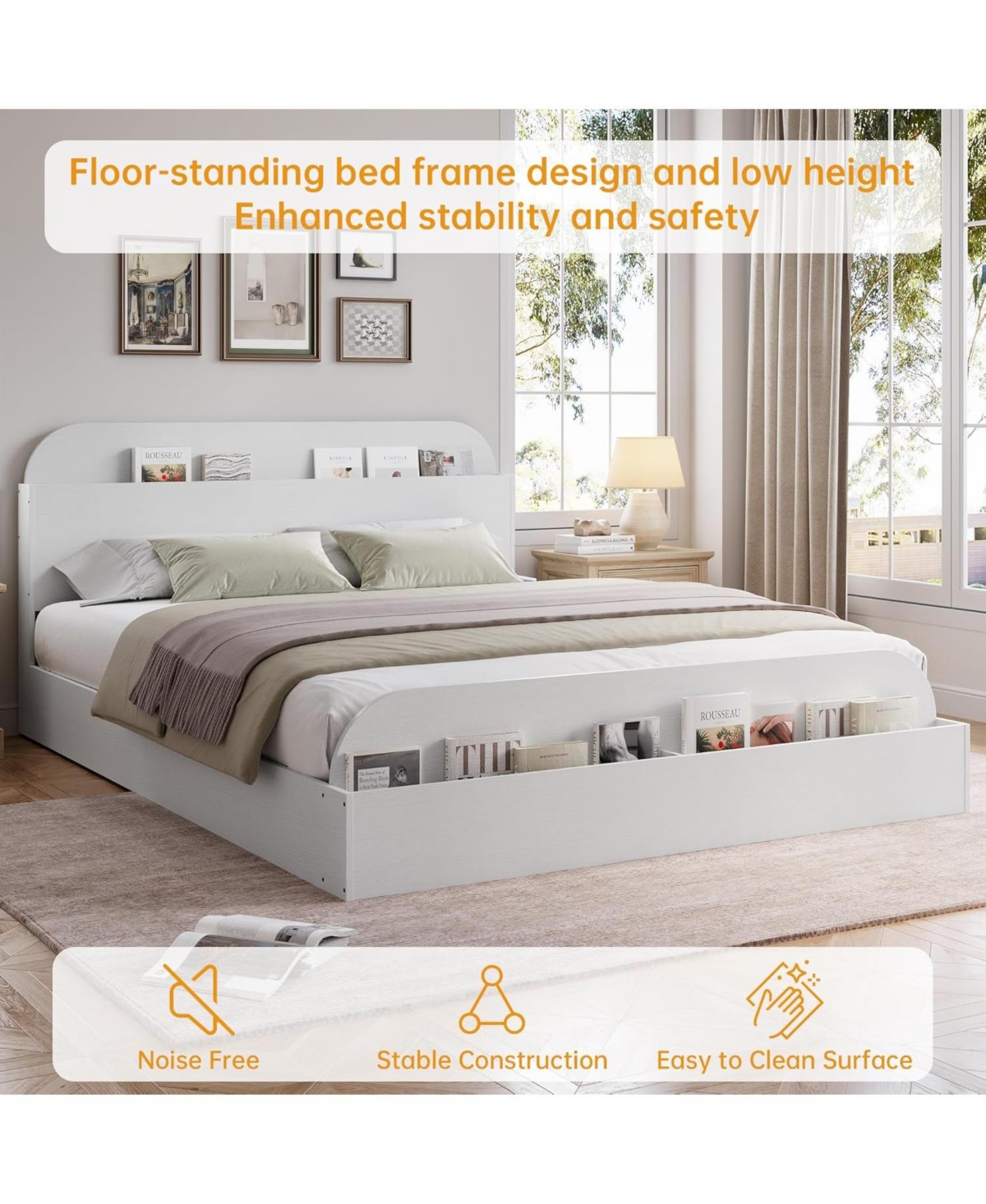 gaomon Full Bed Frame with Storage Headboard and Raised Footboard Low Platform Wood Slats No Box Spring