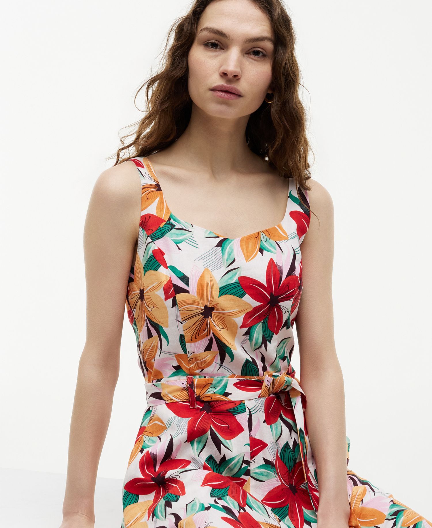 Women's Printed Belted Midi Dress