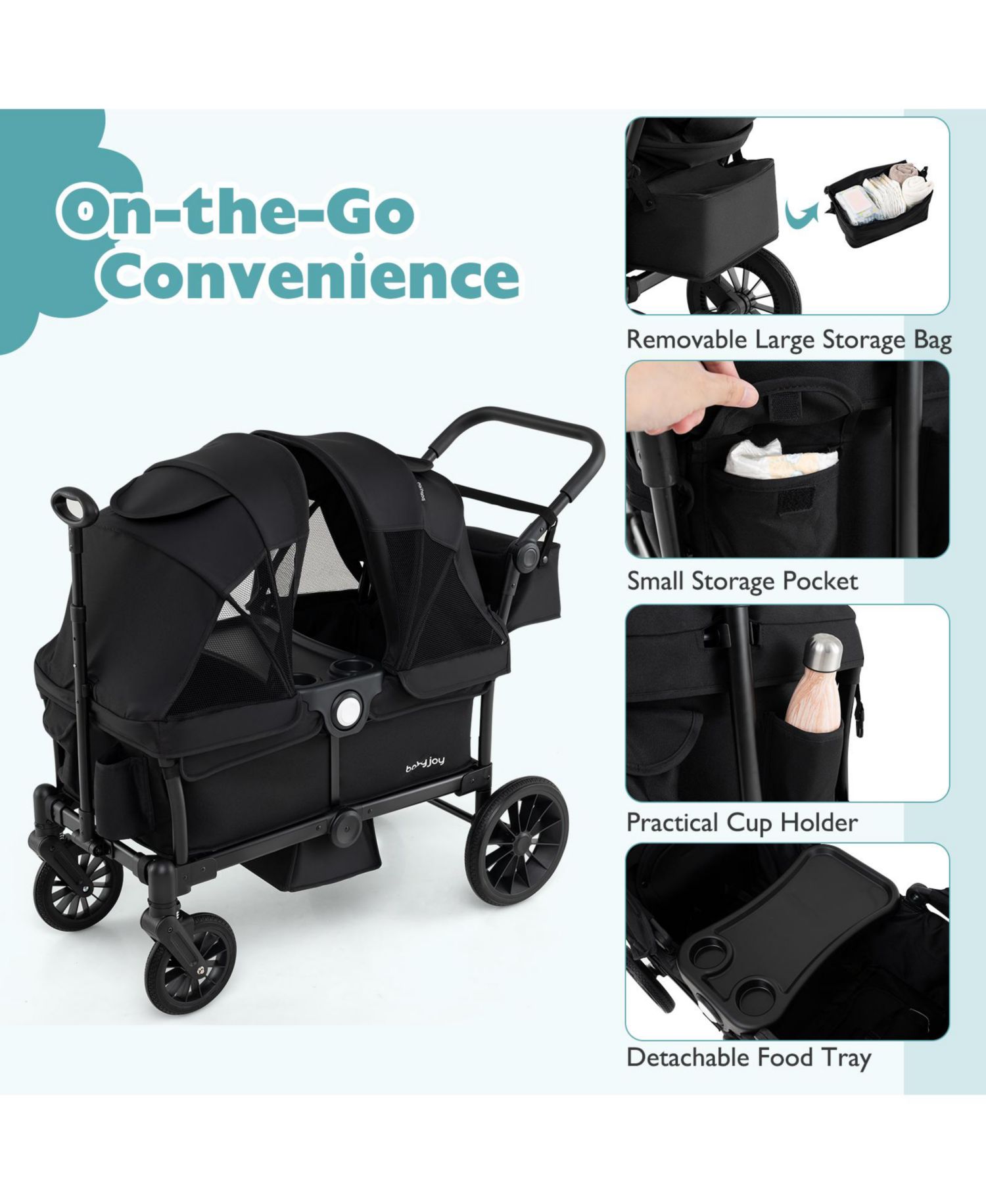 Wagon Stroller for 2 Kids Push Pull Double Stroller w/ Adjustable Handle