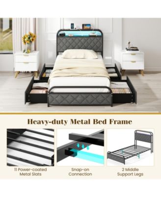 Platform Bed Frame with LED Lights and Charging Station