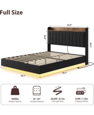 Full Floating Bed Frame with LED and Storage Headboard Upholstered Charging Station No Box Spring