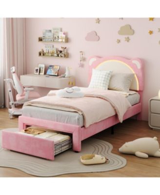 Twin Kids Platform Bed Frame with Adjustable Headboard, LED Lights, Drawer Storage, No Box Spring