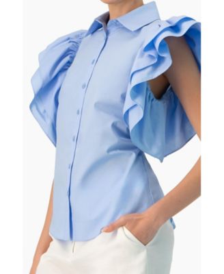 Women's Solid Shirt with Ruffled Sleeves