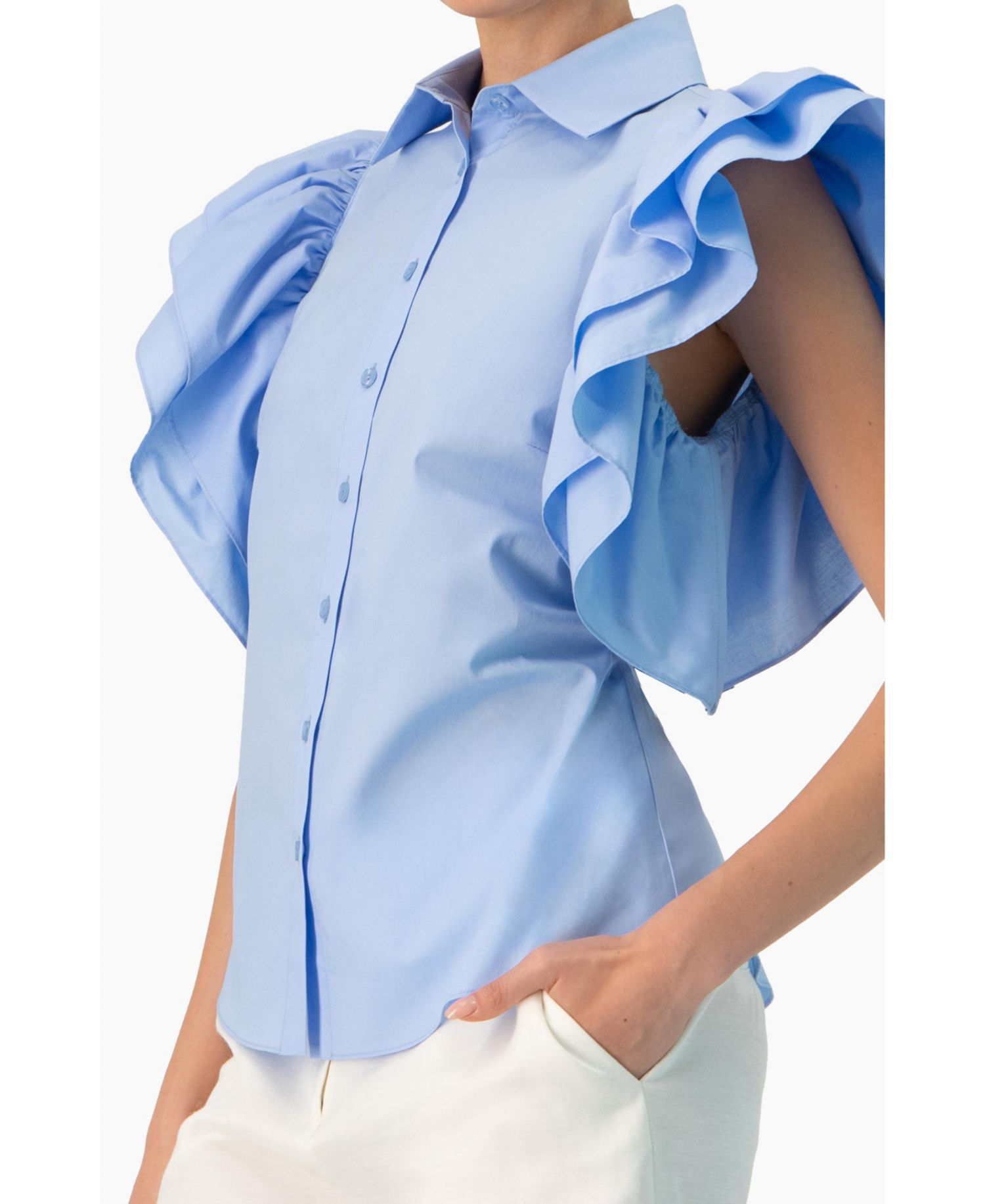 Women's Solid Shirt with Ruffled Sleeves