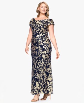 Plus Size Metallic Print Cowlneck Gown