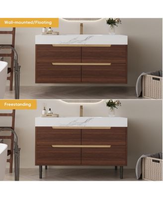 35.4" Modern Sintered Stone Bathroom Vanity, Free-Standing or Wall-Mounted, 4 Soft-Close Drawers, Undermount Sink