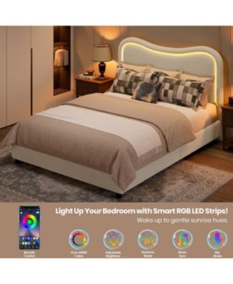 Boucle Queen Platform Bed Frame with 2 Storage Drawers, LED Upholstered Headboard, Wood Slats, Kids/Teens