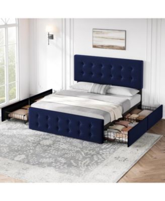Platform Bed Frame with 4 Storage Drawers, Velvet Tufted Headboard, Wooden Slats No Box Spring