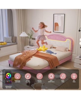 Full Upholstered Platform Bed with LED and Fabric Headboard, Princess Style, Wood Slats